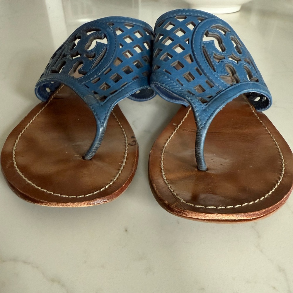 Tory Burch Blue Lattice Leather Sandals - Picture 8 of 9